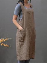 Women Sleeveless Side Pockets Cotton Loose Solid Color Vintage Apron Dress